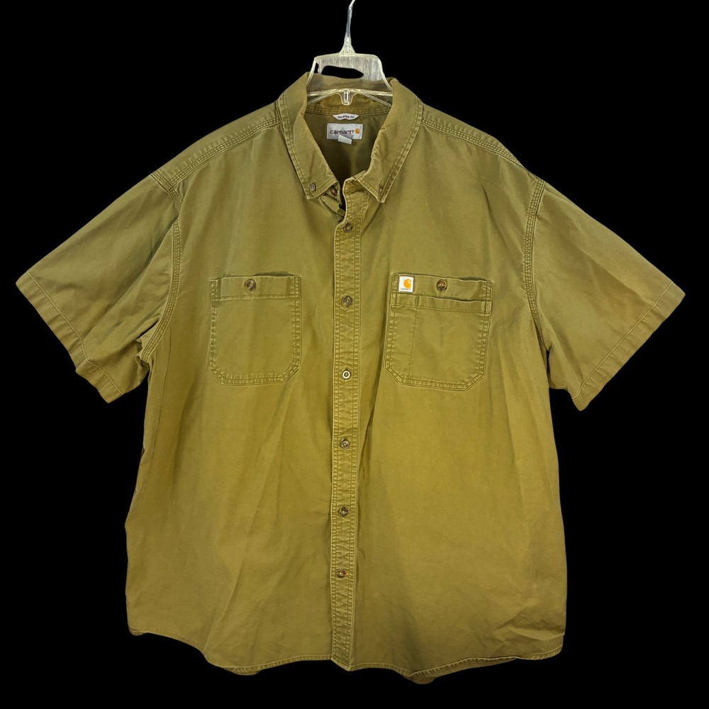 Carhartt Mens 3XL Relaxed Fit Work Shirt Green Short Sleeve Stretch Button Up